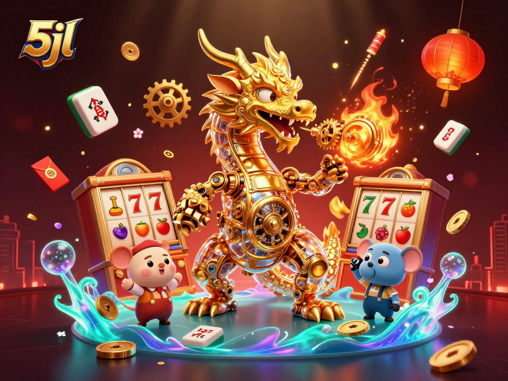 Engage with the thrilling world of 5jl slots, featuring a dynamic dragon amid vibrant casino elements.