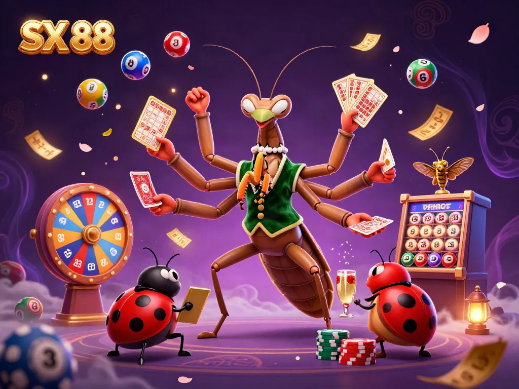 SX 88 showcases a vibrant casino scene featuring a cartoon mantis magician dealing cards amidst colorful lottery elements.
