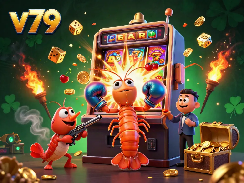 Engage with v79's thrilling casino adventure featuring vibrant characters amid a jackpot explosion.