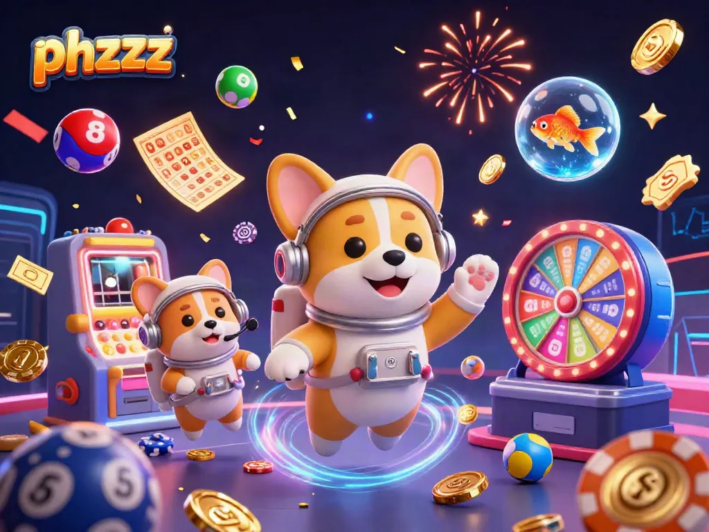 Immerse in phzzz's vibrant casino scene with a corgi astronaut, hamster controller, and floating lottery elements.
