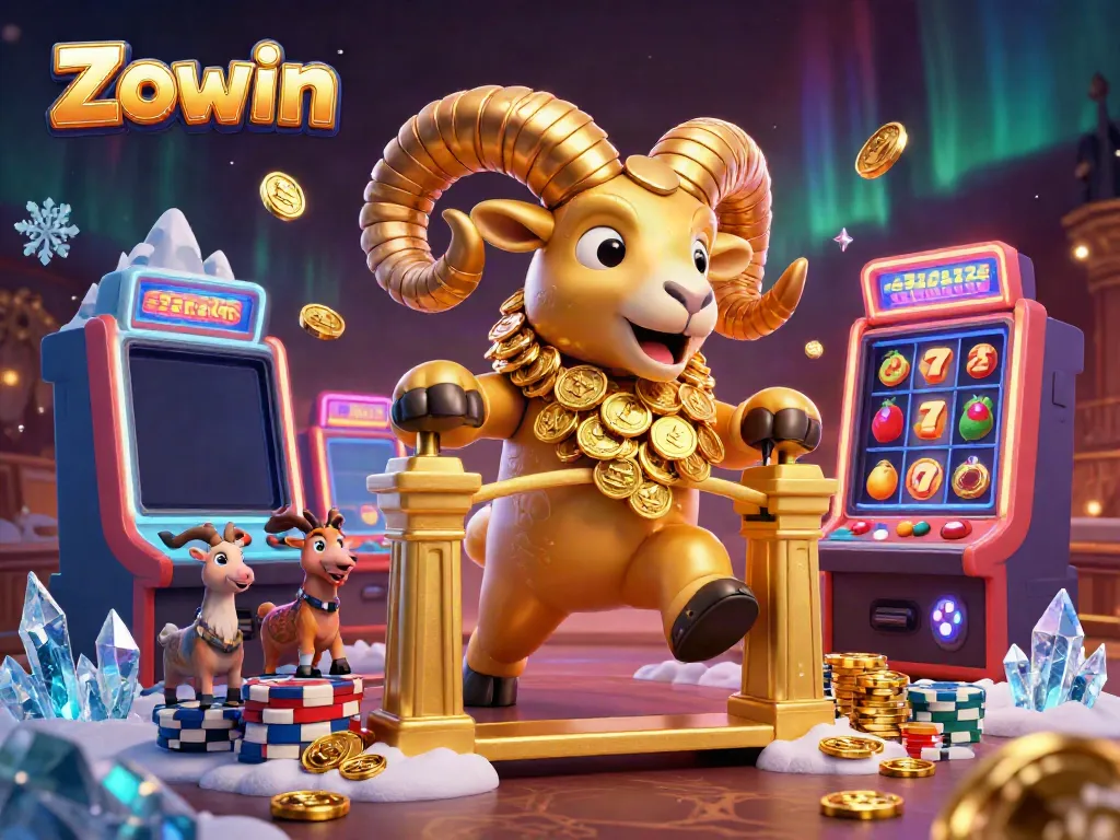 Zowin’s dynamic jackpot scene featuring vibrant slot machines, golden ram, and exciting game elements.