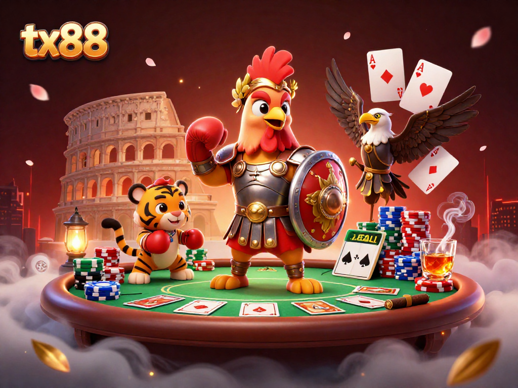 Experience thrilling action at tx88 with a gladiator rooster and poker elements in a vibrant 3D scene.