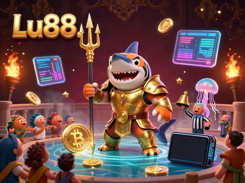 Engage in thrilling gameplay at Lu88, surrounded by neon crypto coins and animated characters in a vibrant casino setting.