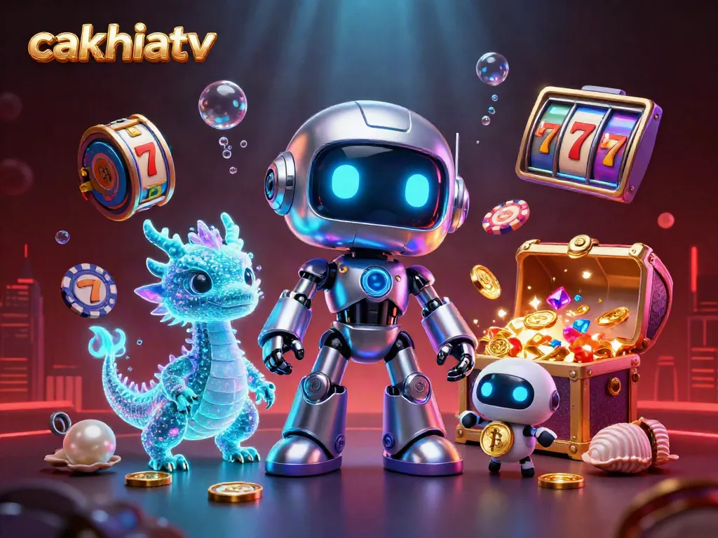 Cakhiatv's vibrant casino scene showcases a cyberpunk robot mascot, an AI dragon, and a bitcoin drone with exploding treasures and gaming symbols.
