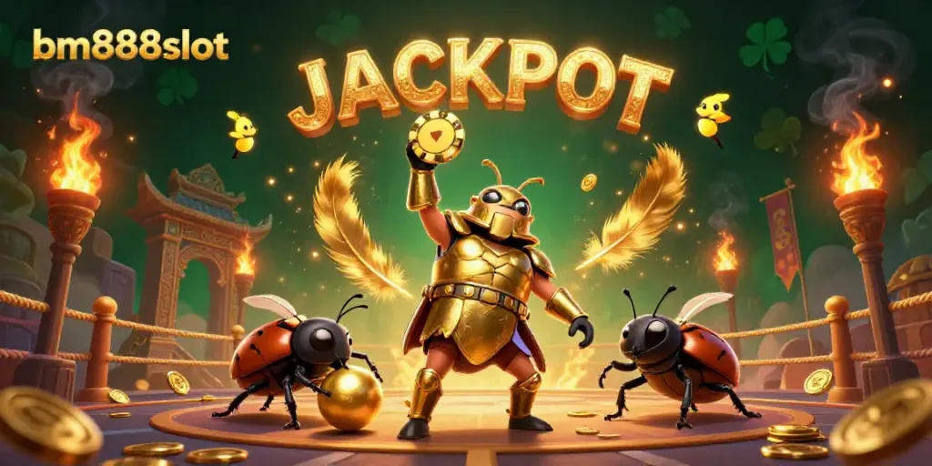 Engage with bm888slot's thrilling jackpot imagery featuring vibrant casino elements and characters.