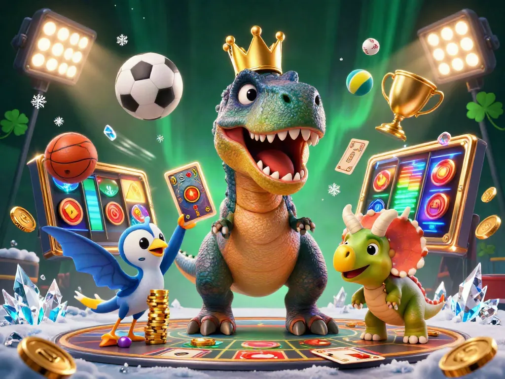 Engage with the excitement of toto slot illustrated by a T-Rex and friends in a vibrant casino scene.