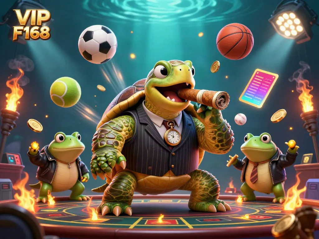 Engage in thrilling casino fun with VIP F168, featuring a mobster turtle and bullfrog enforcers.