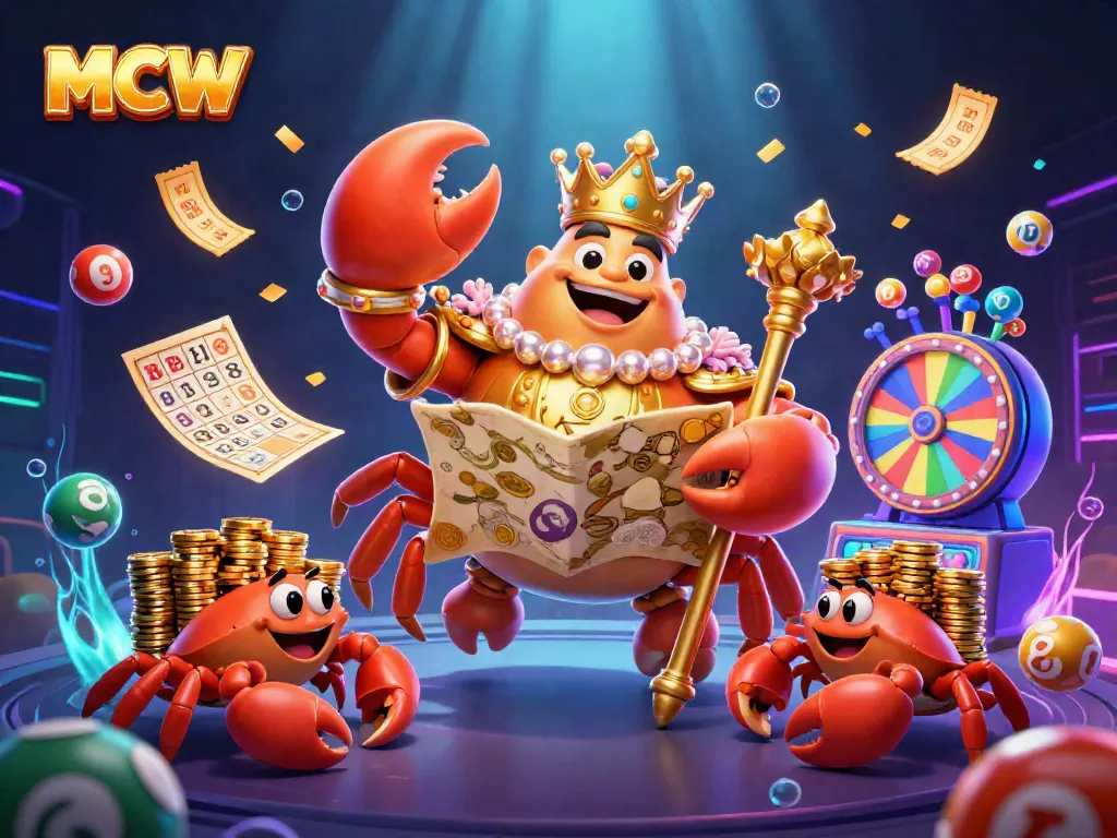 Experience gaming excitement with MCW's vibrant lottery scene featuring a golden crab emperor and treasure map.