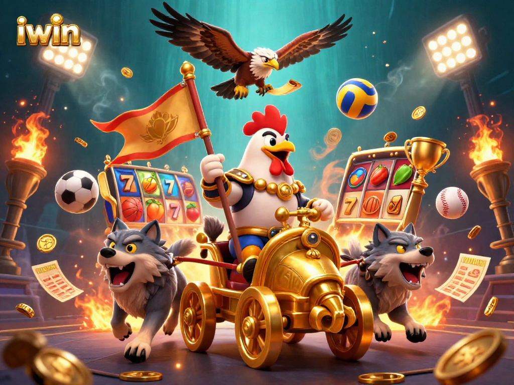 Wager on iwin's dynamic slot scene featuring a rooster warlord, sports balls, and rich golden elements.