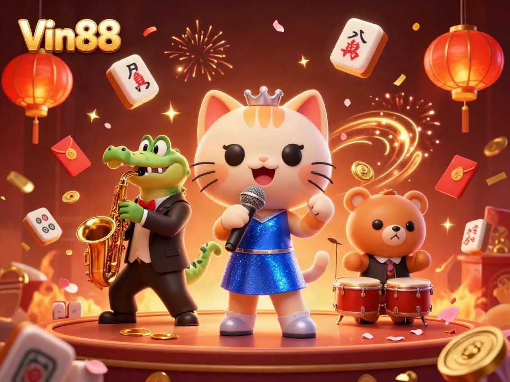 Engage with Vin88's vibrant casino scene, featuring cartoon characters and festive gaming elements.