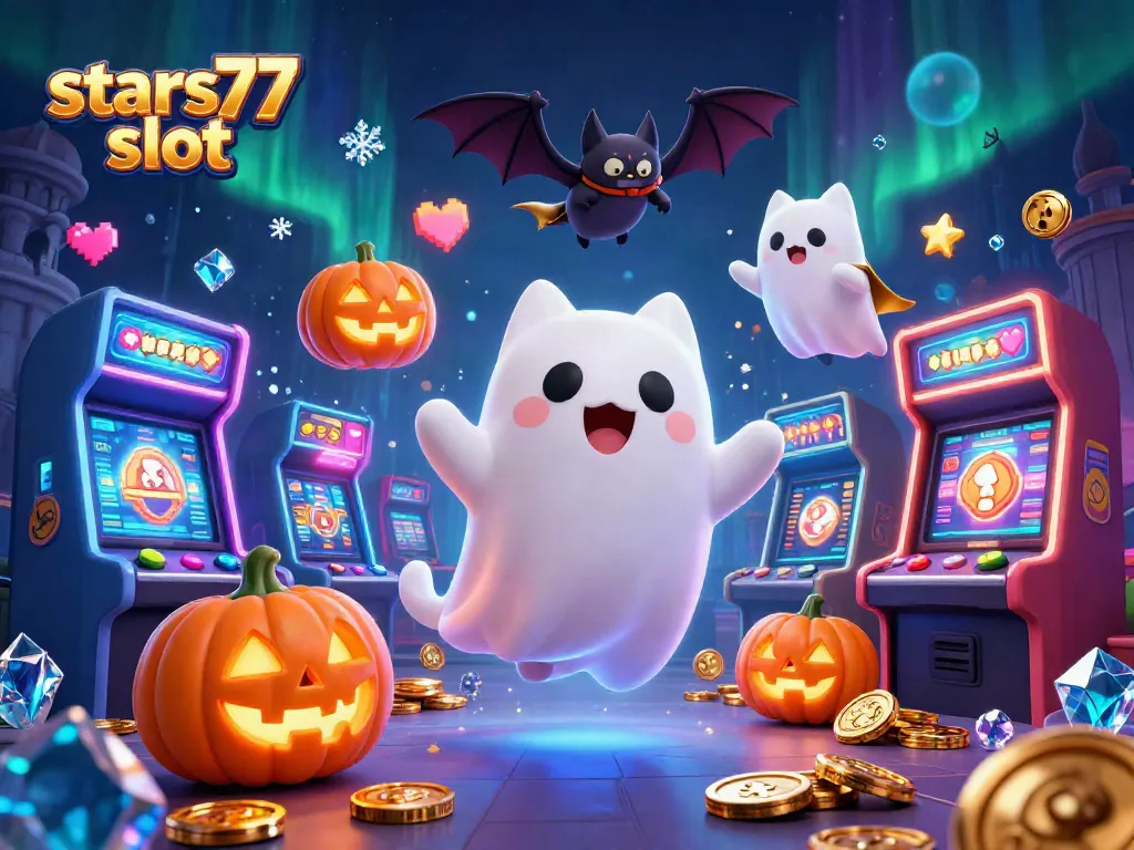 Permainan menarik di stars77 slot dengan karakter kucing hantu dan vampir yang mengapung di kasino.