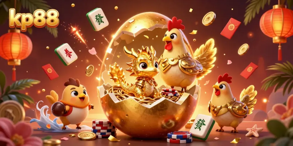 Experience thrilling gameplay at kp88 with vibrant casino-themed 3D illustration showcasing gold dragon on poker chips.