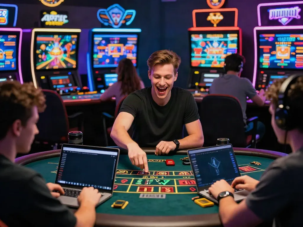 Engaging casino non gamstop gaming scene with players enjoying live dealer games and technology.