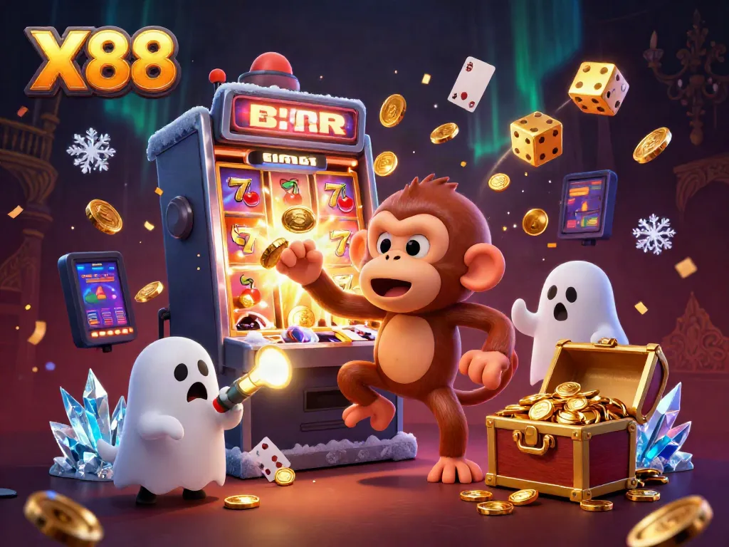 X88 showcases a dynamic casino scene with a mischievous monkey juggling coins and a curious puppy tracking it.