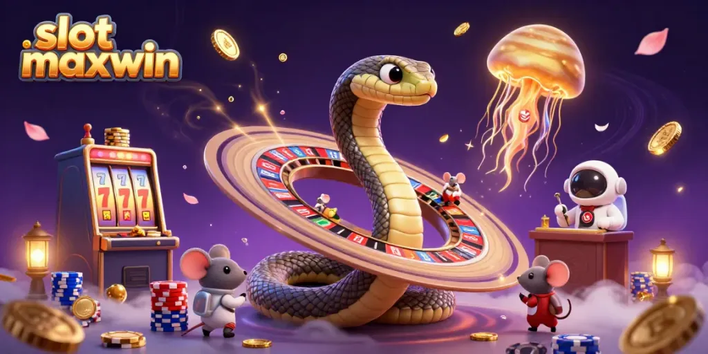 Experience the excitement of slot maxwin with a cosmic gaming scene featuring a roulette wheel and playful characters.