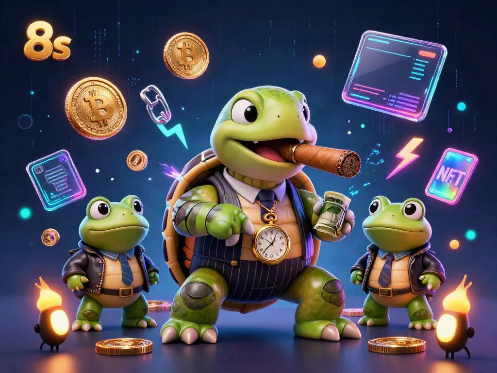 Experience thrilling 8s casino action with a unique 3D turtle mobster and enforcers surrounded by crypto elements.