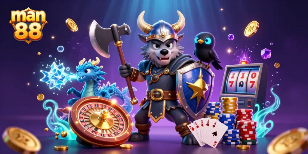 Win big with man 88 in a dynamic casino scene featuring whimsical characters and abundant gaming elements.