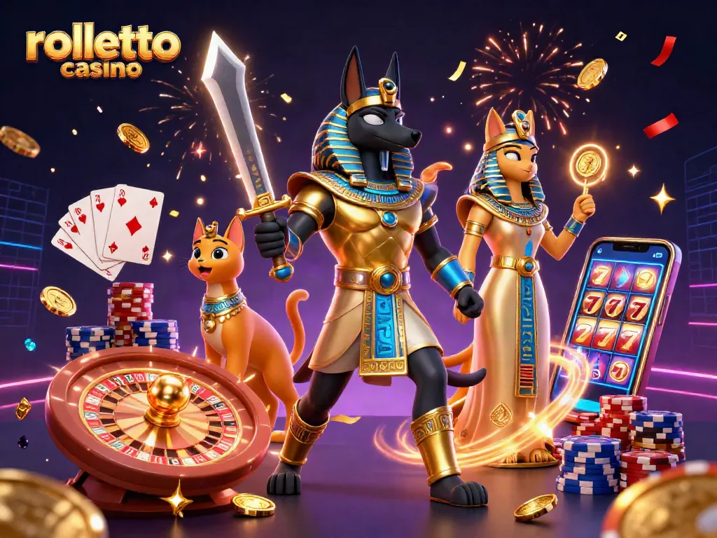 Experience the excitement of rolletto casino with Anubis and Bastet amid cascading golden coins.