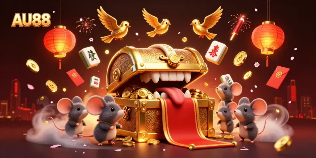 Experience the thrill of AU88 with a 3D illustration of a treasure chest enticing adventurer mice surrounded by vibrant casino elements.