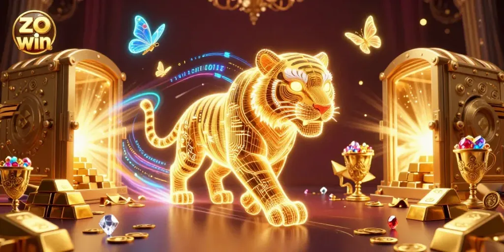 Engage with the exciting world of zo win, featuring a neon tiger in a vibrant digital casino landscape.
