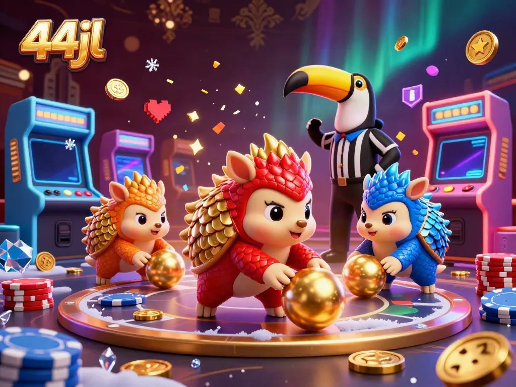 Engage in thrilling action at 44jl with rival pangolins bowling through poker chips in a vibrant casino scene.