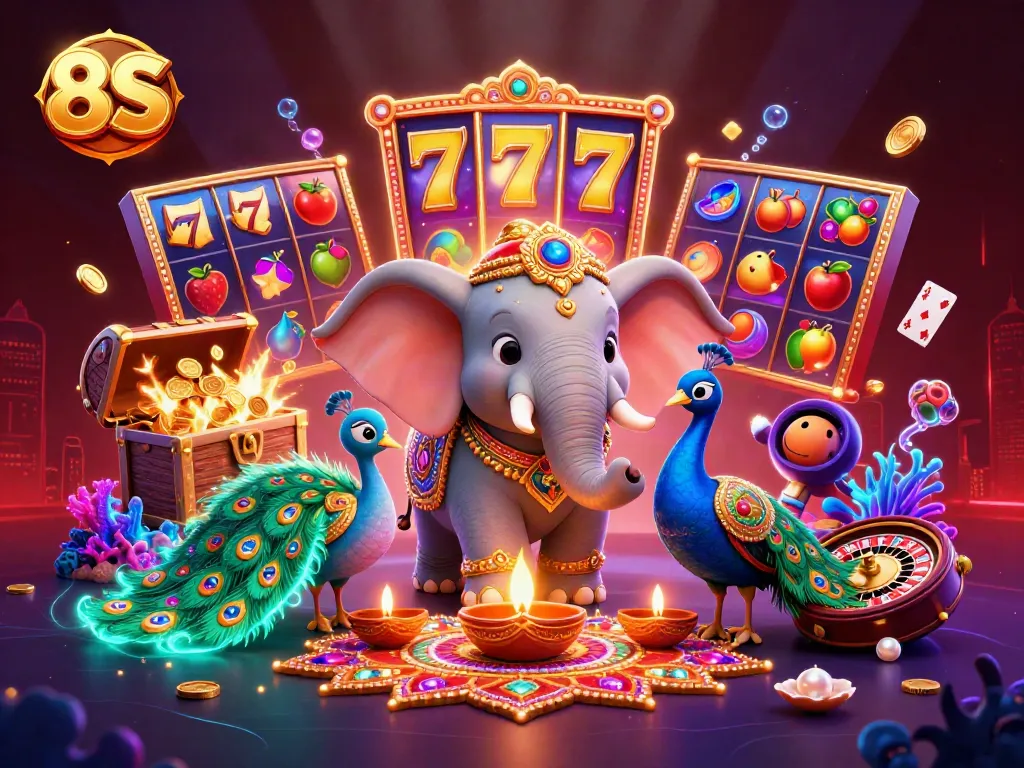 Experience the excitement of 8S with colorful slot elements and a vibrant casino scene.