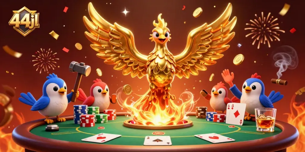 Experience the magic of 44jl with a golden phoenix, poker action, and vibrant casino energy.