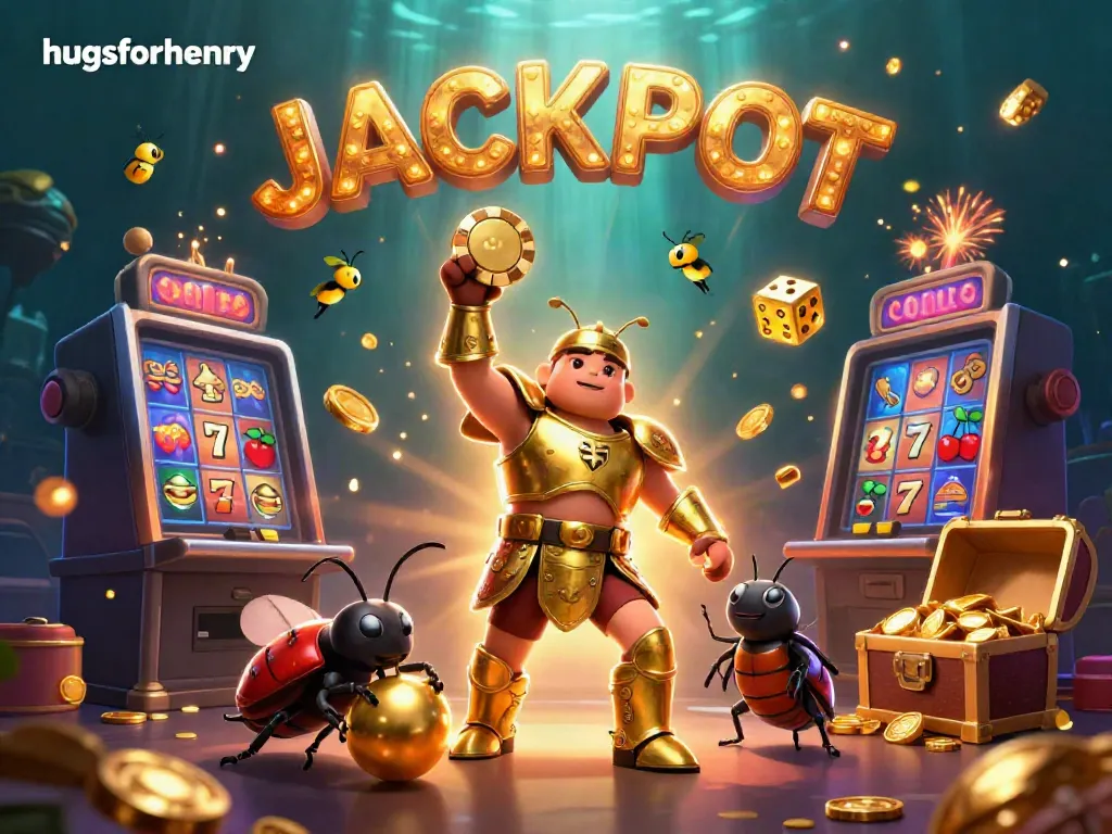 Hugsforhenry's victorious hercules beetle shines among casino treasures in a vivid 3D scene.