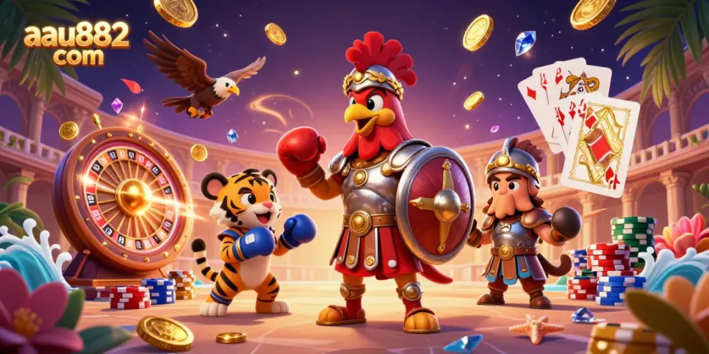 Join the action at aau882 com with casino excitement, featuring a rooster warrior, gold coins, and dazzling roulette.