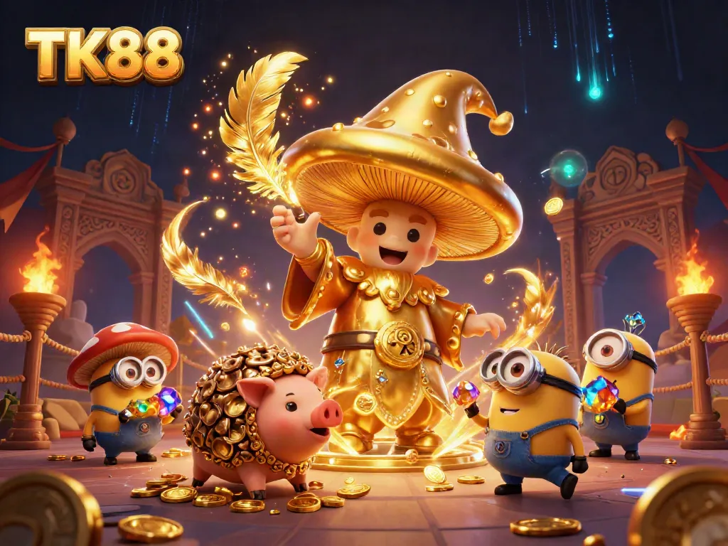 Experience the magic of TK88 with golden treasures and dynamic gameplay elements in a rich casino scene.