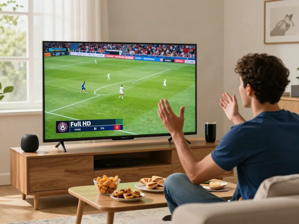 Excited fan enjoying xoilactv soccer streaming experience on a large TV.
