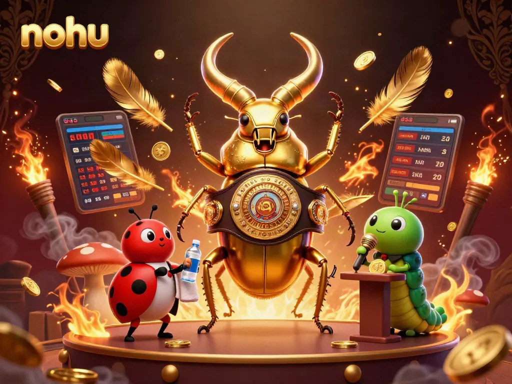 Experience thrilling nohu sports betting with a golden stag beetle champion, vibrant casino elements swirling around.