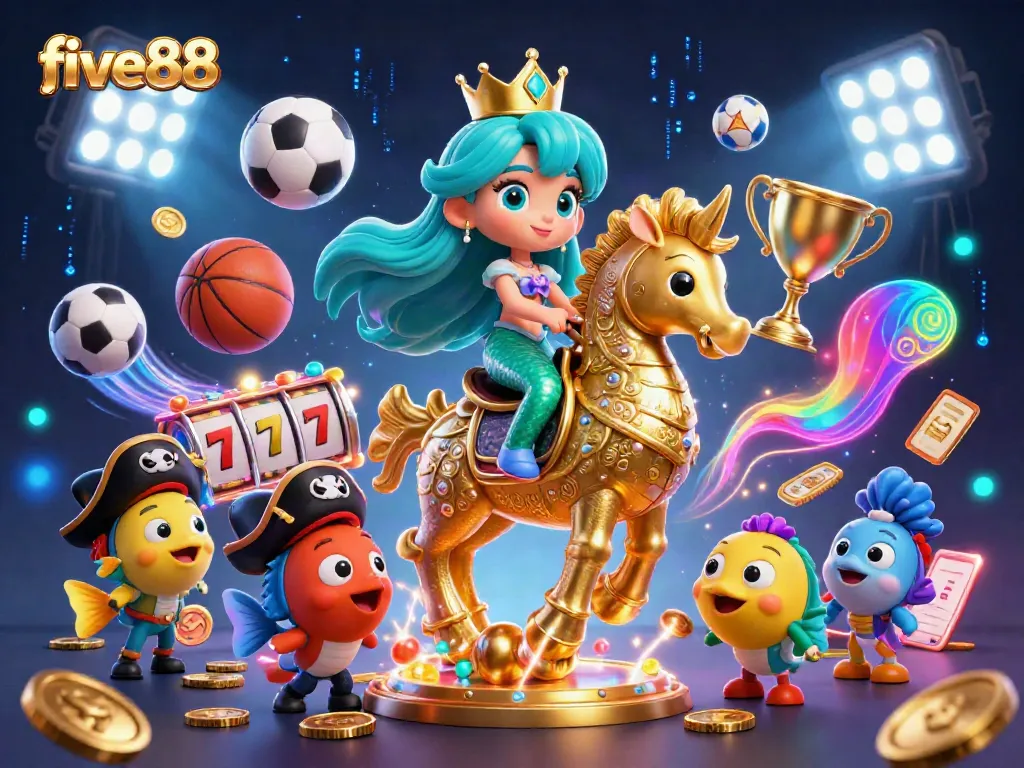 Immerse in the vibrant five88 casino world with a mermaid princess and a golden seahorse in an energetic 3D scene.