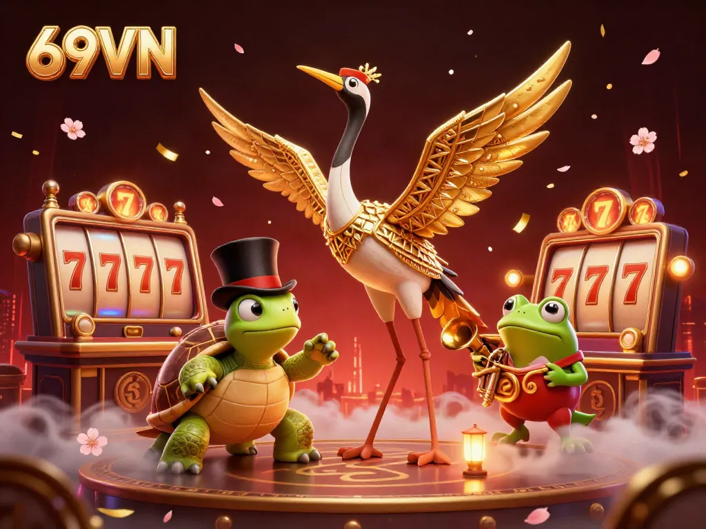 Engage with the exciting world of 69VN, featuring vibrant slot reels, lucky 7s, and captivating characters.