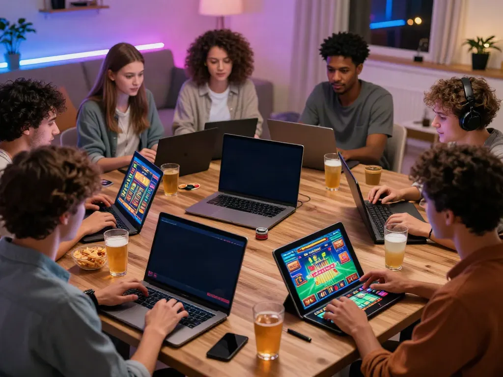 Exciting gaming scene at https://tx88.br.com/ showcasing friends enjoying online gambling with vibrant displays and snacks.