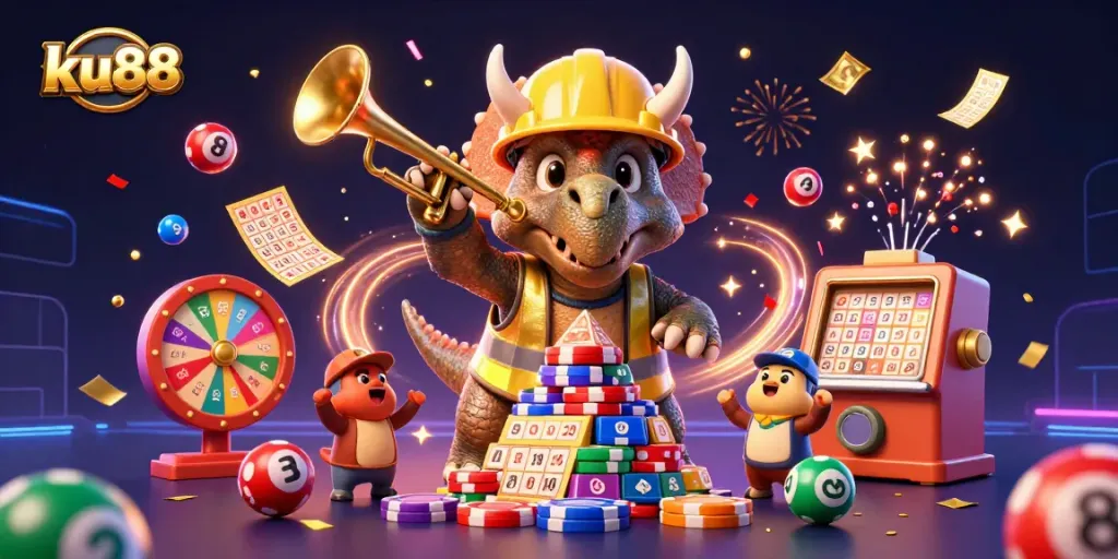 ku88 captures the excitement of gaming with a triceratops and a parasaurolophus amidst confetti and lottery balls.