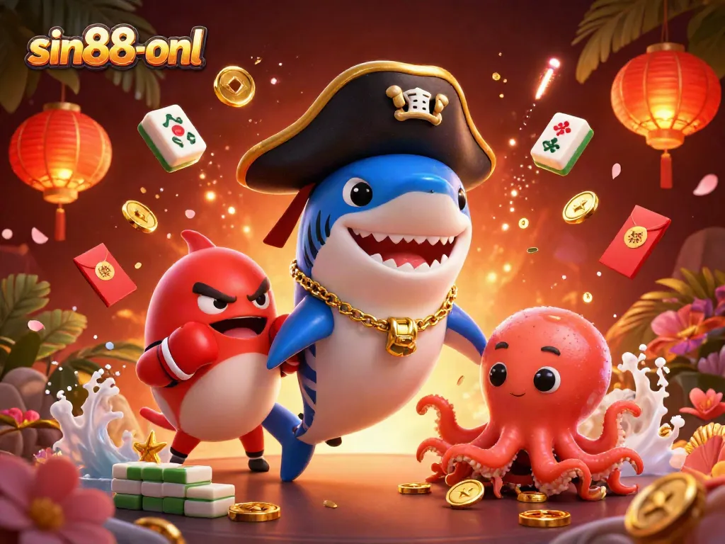Experience thrilling adventures at sin88-onl with cartoon characters celebrating casino wins amidst festive decorations.