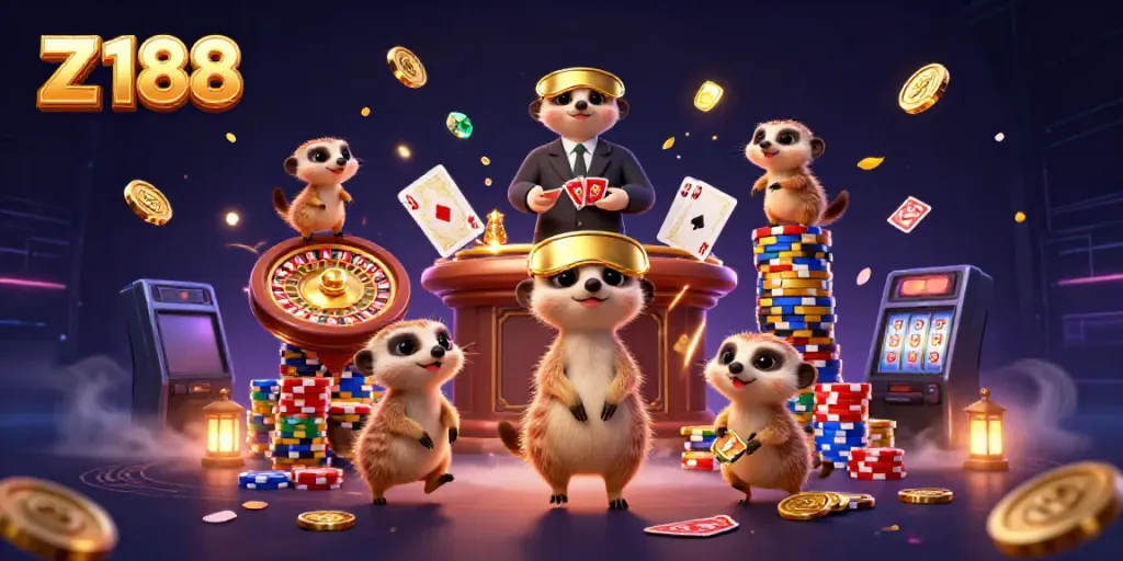 Engage in the excitement of Z 188 casino with this dynamic scene featuring meerkats in a colorful gaming operation.