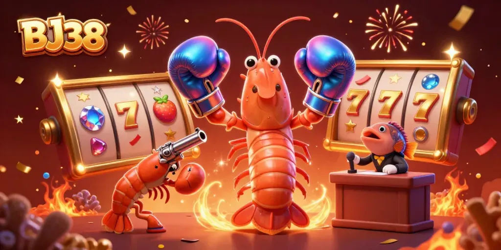 Spin the reels with BJ38’s vibrant 3D casino characters amid sparkling slot symbols and celebratory effects.