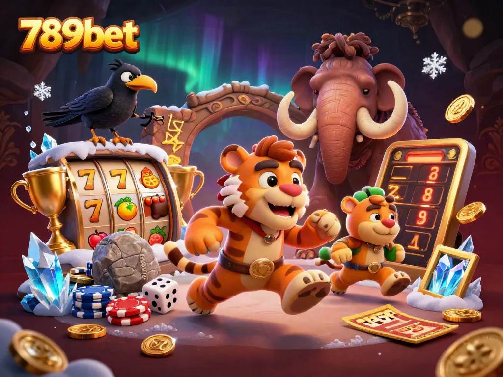 Engage with 789bet's vibrant prehistoric casino scene featuring unique 3D characters and slot elements.