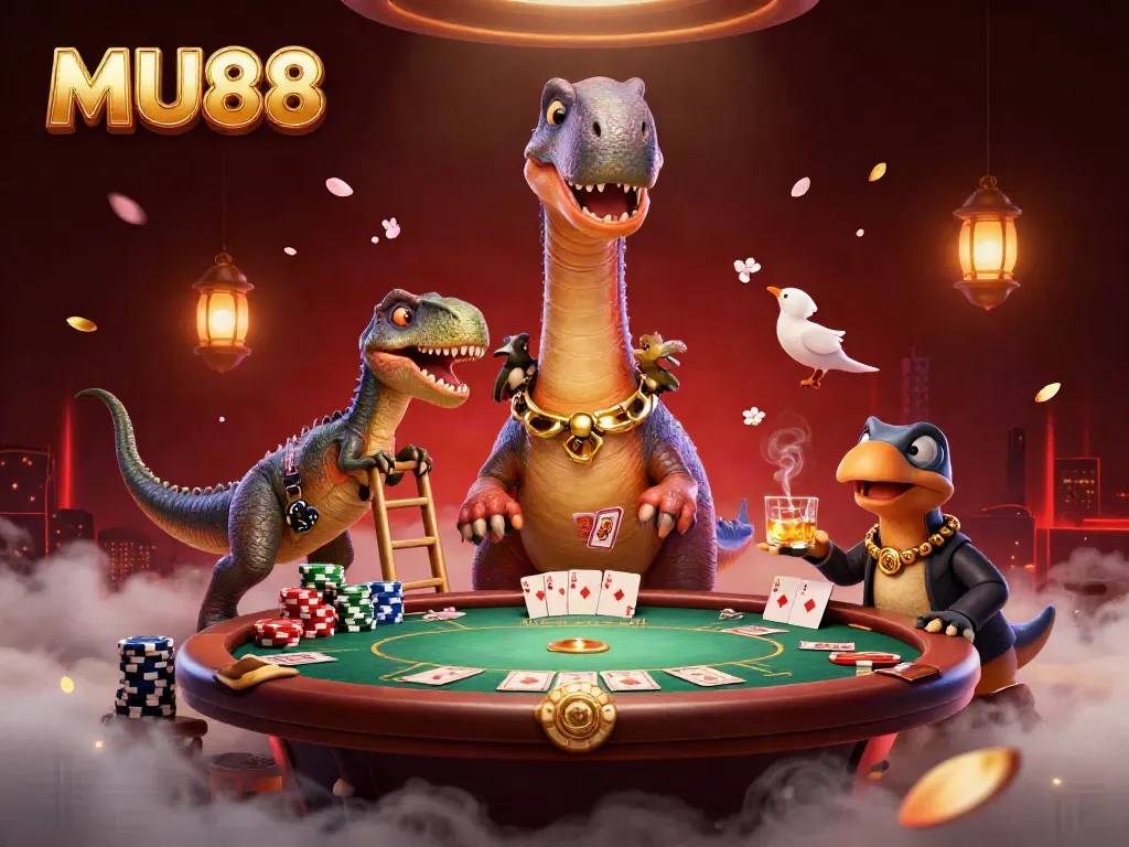 Experience MU88 excitement with a brontosaurus in a casino, while a raptor deals cards!