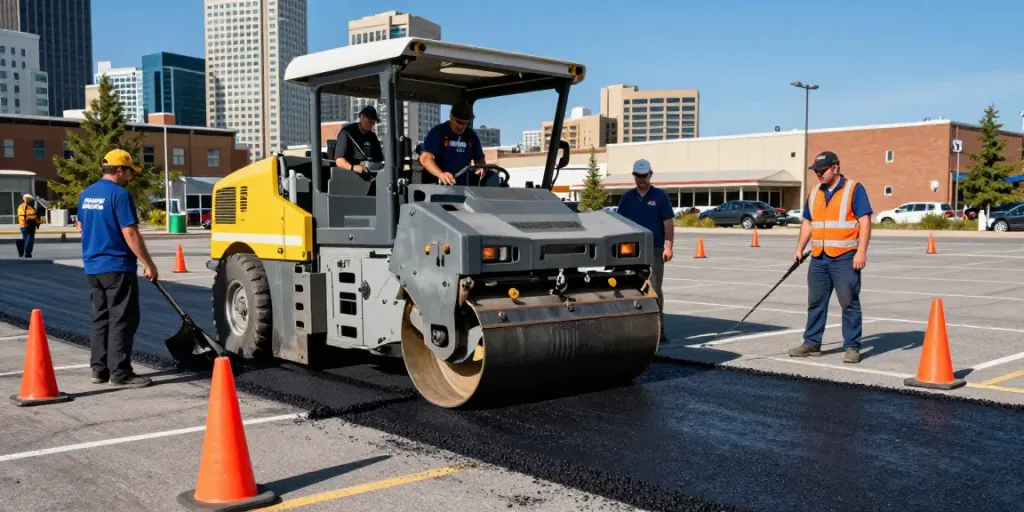 parking lot maintenance Edmonton crew repairing asphalt with heavy machinery