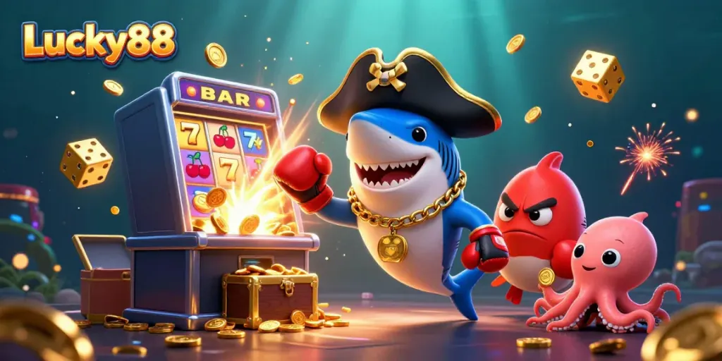 Experience excitement with Lucky88, featuring slot machines, playful ocean characters, and dynamic casino elements