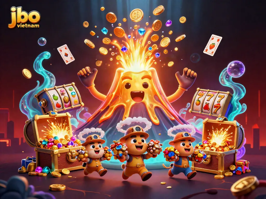 Experience thrilling wins at jbo vietnam with a vibrant illustration of a golden volcano erupting coins and treasures.