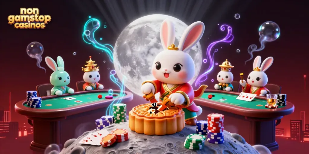 Experience the excitement of non gamstop casinos with a vibrant scene featuring a folkloric moon rabbit and poker elements.