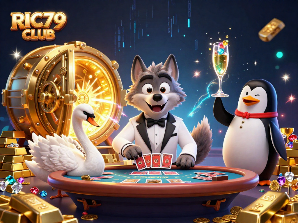 Experience thrilling baccarat at RIC79 CLUB with a debonair wolf, elegant swan, and sophisticated penguin.