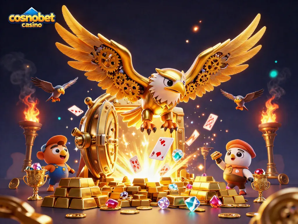 Experience exciting gameplay at cosmobet casino with dynamic casino-themed illustrations of golden treasures.