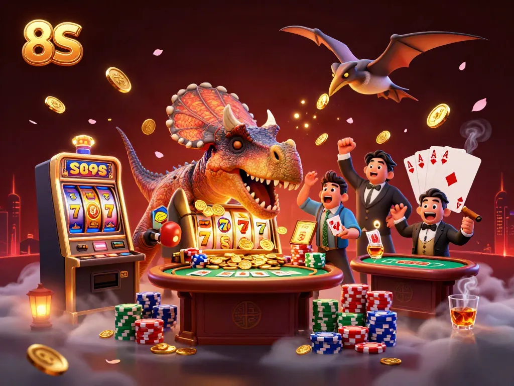 8S pachycephalosaurus hits a slot machine for a jackpot, amidst vibrant casino elements.