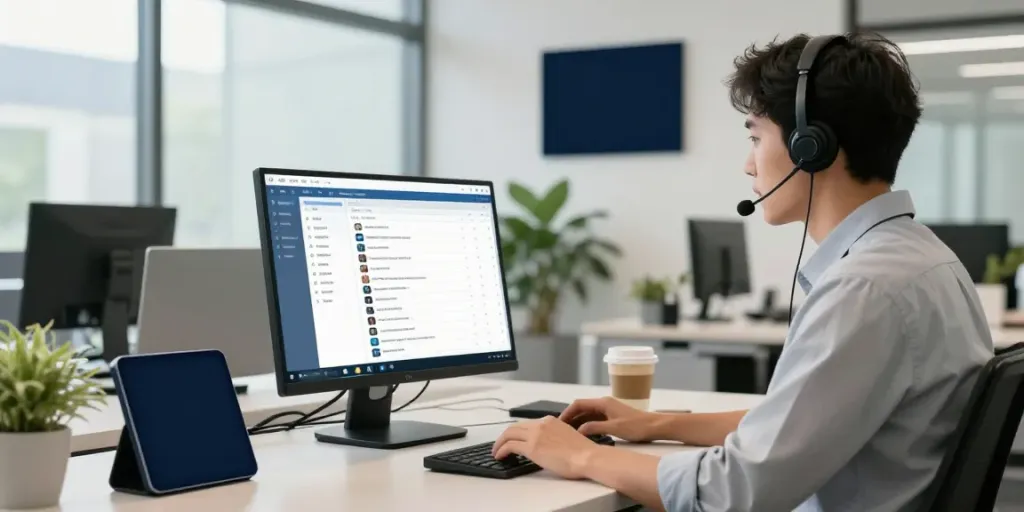 AI answering service in action at a modern office, featuring call analytics and a professional setup.
