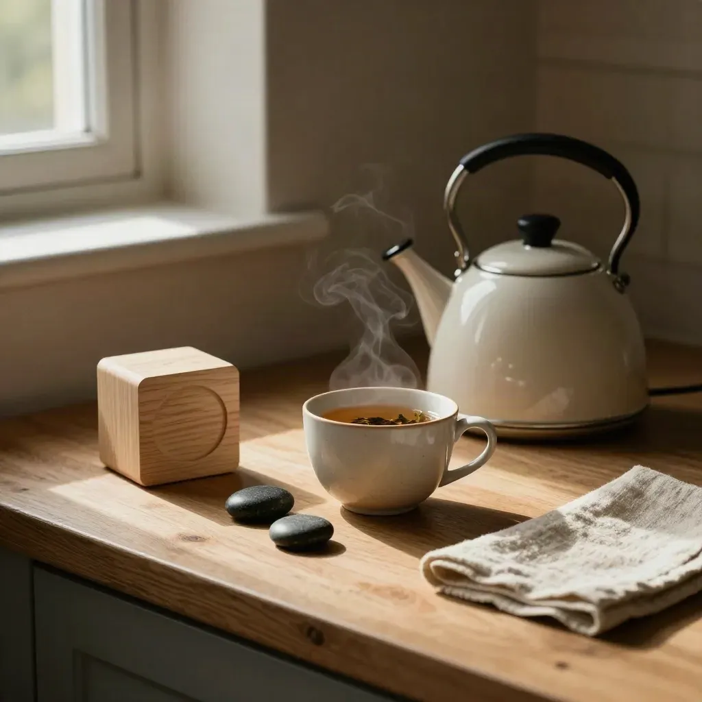 Calm kitchen counter with kettle, herbal tea, timer cube, stones and linen in warm afternoon light.